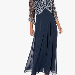 J KARA 3/4 sleeve P 12 Geo Beaded Navy /silver gown